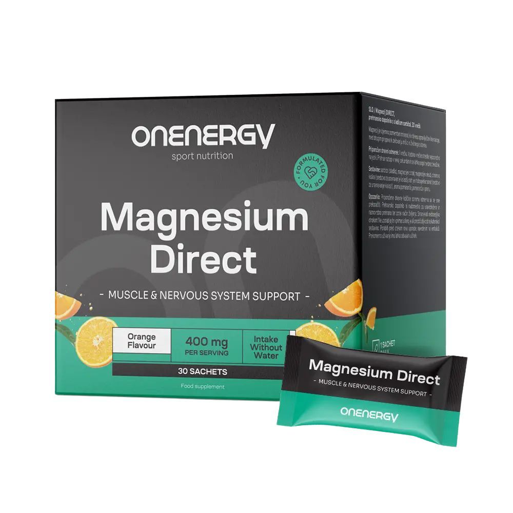Schachtel und Beutel mit Produktaufschrift. Text: Magnesium Direct, 400 mg, 30 Sachets. Orange-Geschmack. Sport-Ernährung.