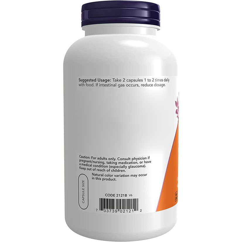 Weiße Flasche mit lila Deckel. Aufkleber mit Text: Capsule Size, Barcode.
