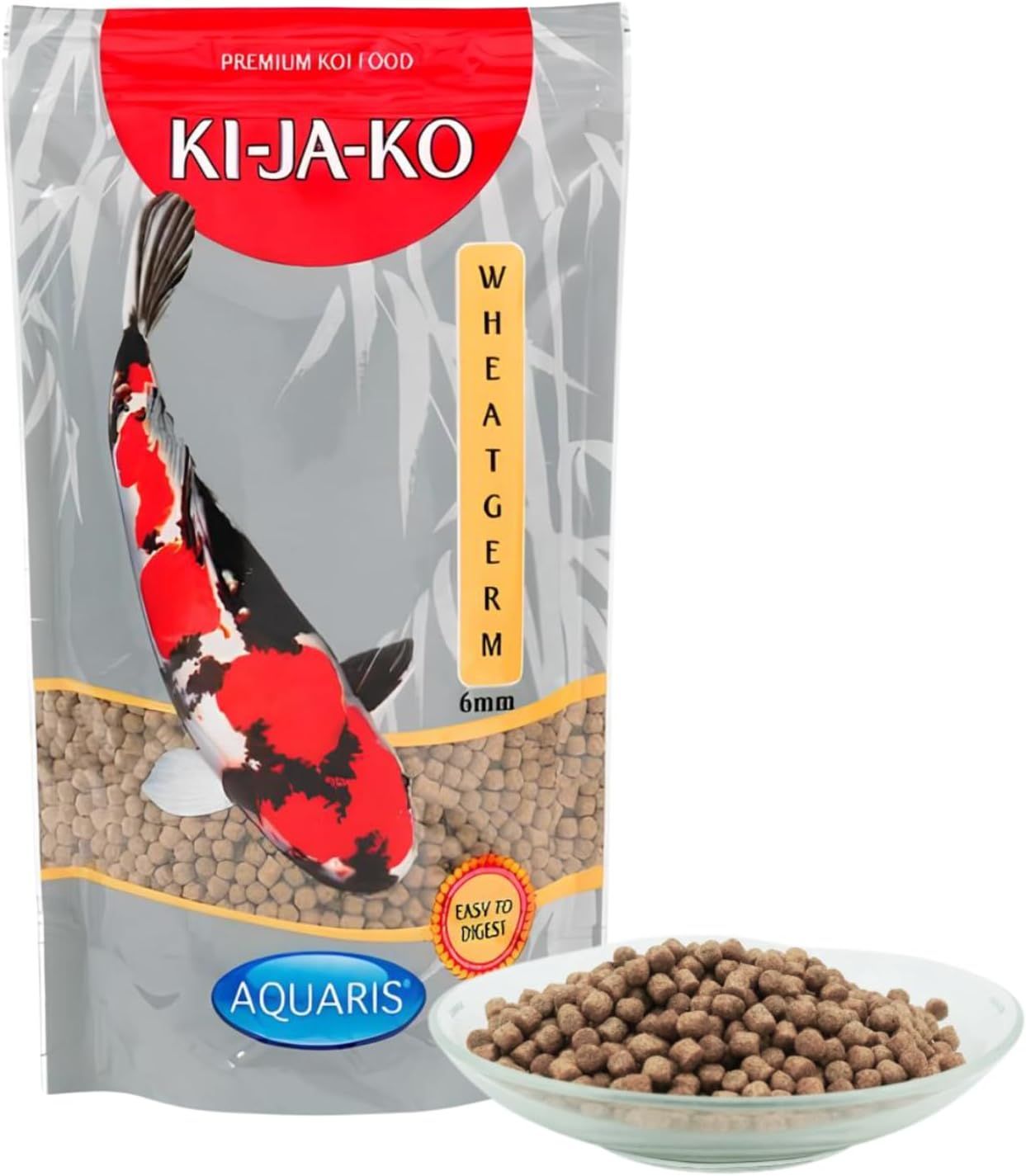 KI-JA-KO Koifischfutter Wheatgerm 6 mm. Beutel mit Koifisch-Abbildung und Pellets in Schale.