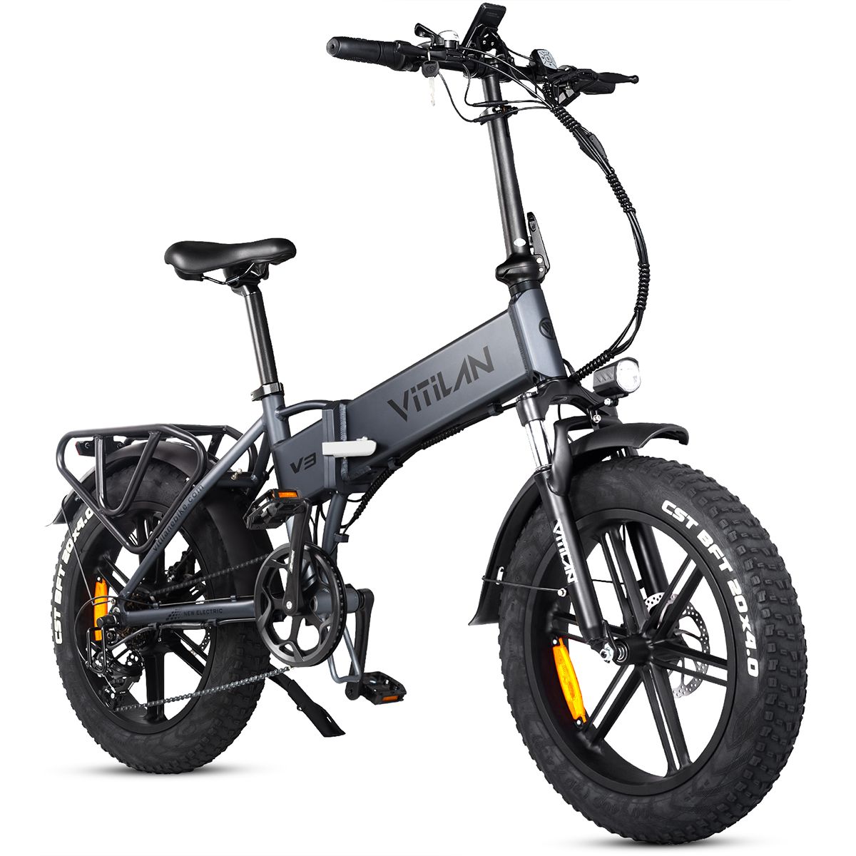 Faltbares E-Bike Vitilan V3 2.0. Grau, mit Gepäckträger und Fat Tires. Details des Produkts sichtbar.