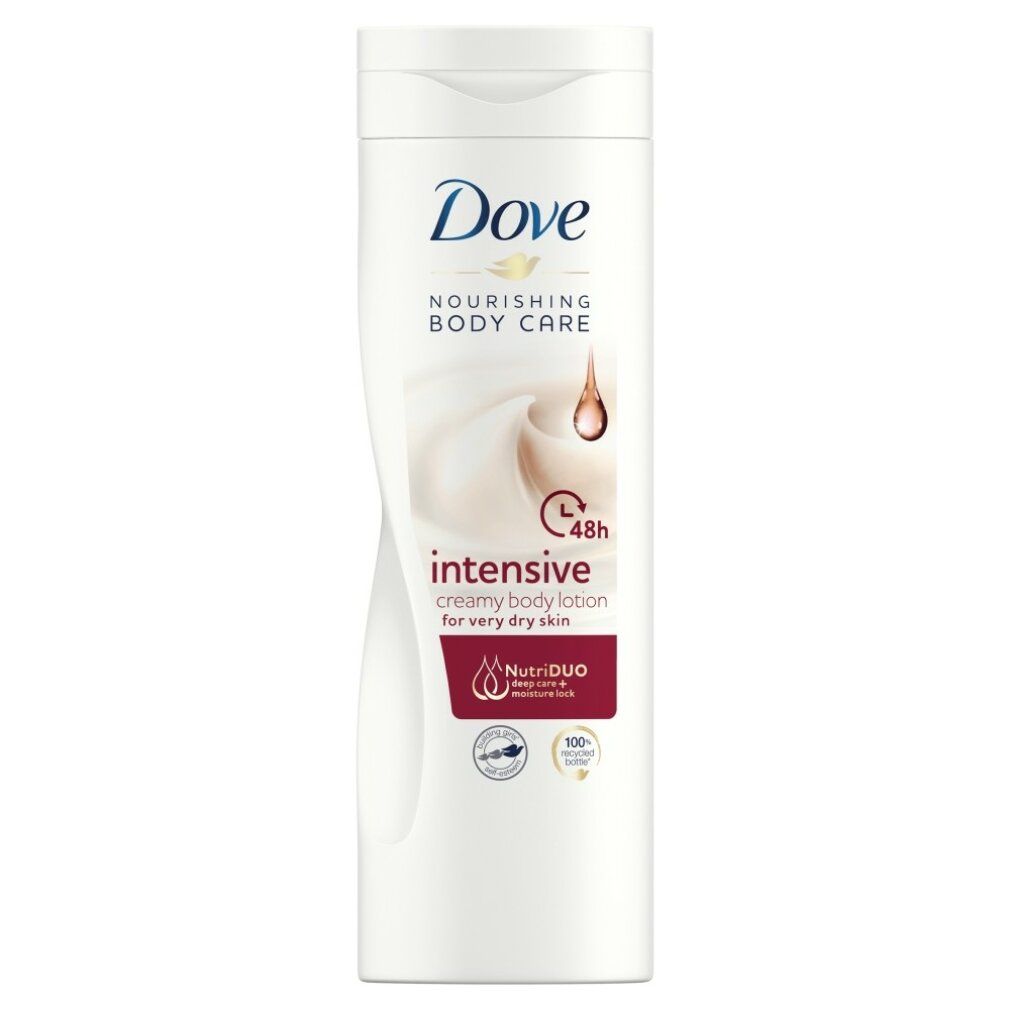 Weiße Flasche mit Klappverschluss. Aufschrift: Dove, Nourishing Body Care, intensive, creamy body lotion. Für sehr trockene Haut.