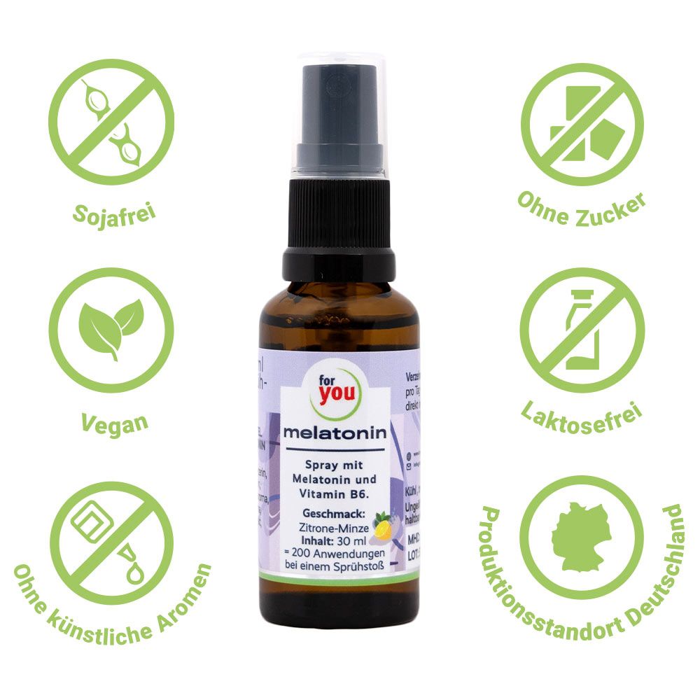 Melatonin Spray Flasche mit Icons: Sojafrei, Vegan, Ohne künstliche Aromen, Ohne Zucker, Laktosefrei, Produktionsstandort Deutschland.