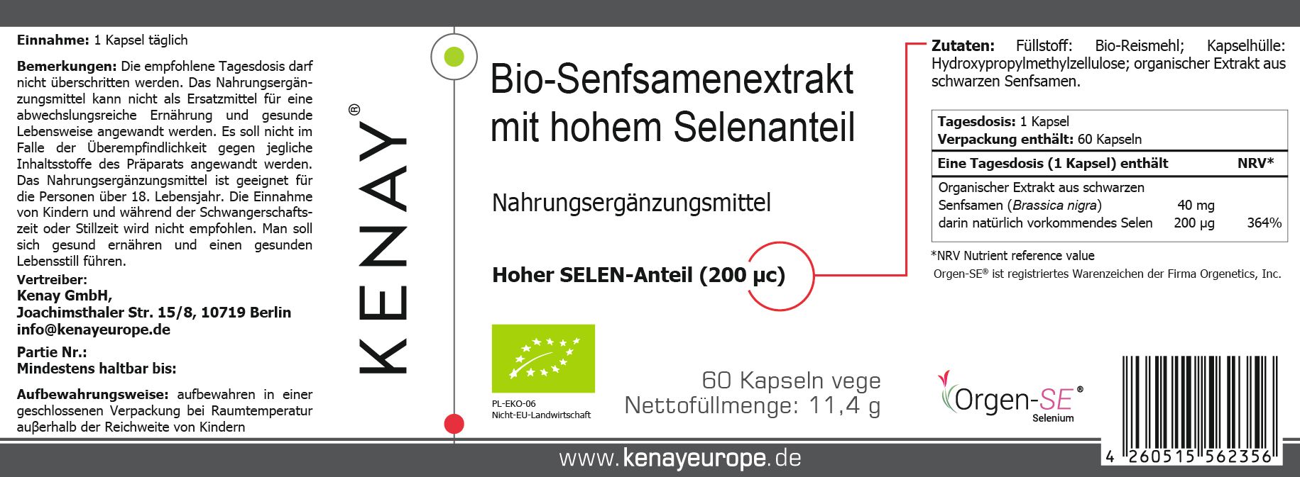 Etikett mit Produktinformationen: Bio-Senfsamenextrakt, Inhaltsstoffe, Nährwertangaben, Bio-Siegel. Marke KENAY® und Orgen-Se®.