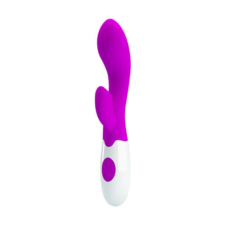 Lila-weißer Vibrator. Ergonomische Form. Zwei Knöpfe. Aus Silikon.