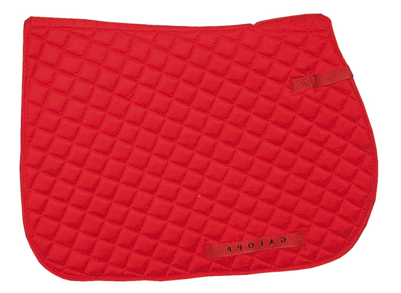 Rote Sattelunterlage mit Rautenmuster und zwei Schlaufen. Auf einer Schlaufe steht Galopp.