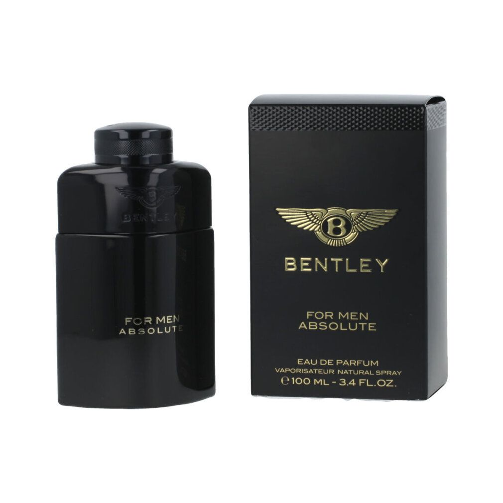 Schwarze Flasche und Karton. Goldfarbenes Bentley-Logo. Text: Bentley For Men Absolute Eau de Parfum. Spray.