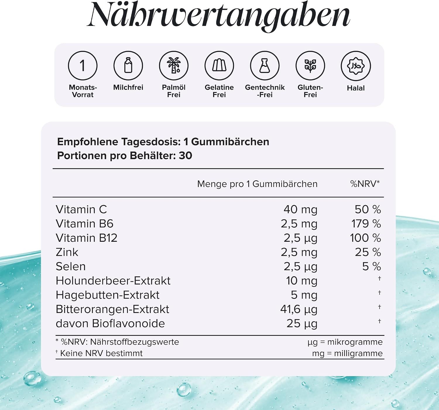 Nährwertangaben für Gummibärchen mit Vitamin C, B6, B12, Zink und Selen.