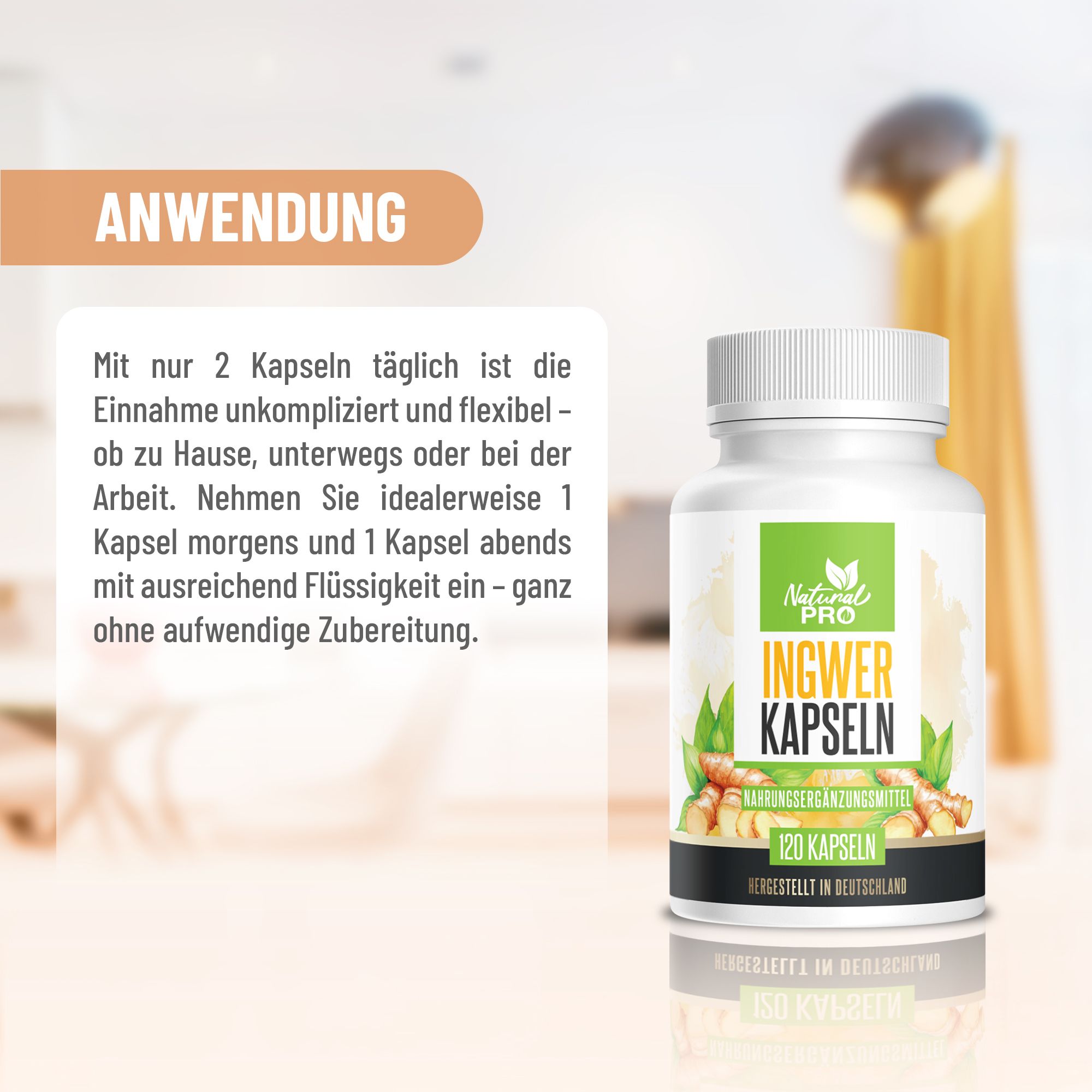 Weiße Flasche mit grüner Aufschrift: Natural Pro Ingwer Kapseln. 120 Kapseln. Anwendung: 2 Kapseln täglich, morgens und abends.