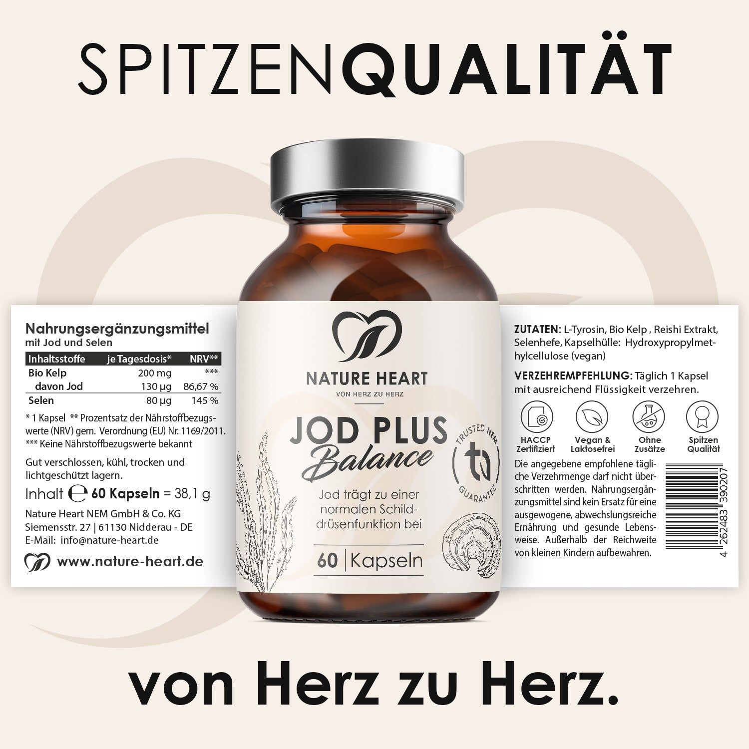 Nature Heart Jod Plus Balance Kapseln, Nährwertangaben und Zutaten auf Etiketten.