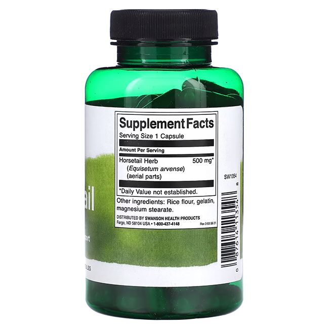 Rückseite einer grünen Flasche. Aufschrift: Supplement Facts. Horsetail Herb 500 mg. Inhaltsstoffe.