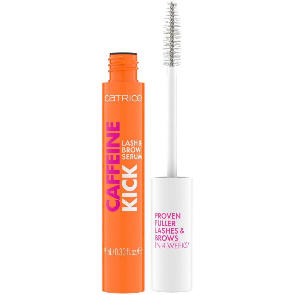 Orangefarbenes Serum mit weißem Deckel und Bürste. Aufschrift: Caffeine Kick, Lash & Brow Serum. Enthält 9ml/0.30 fl.oz. Auf dem Deckel: Proven Fuller Lashes & Brows in 4 Weeks.