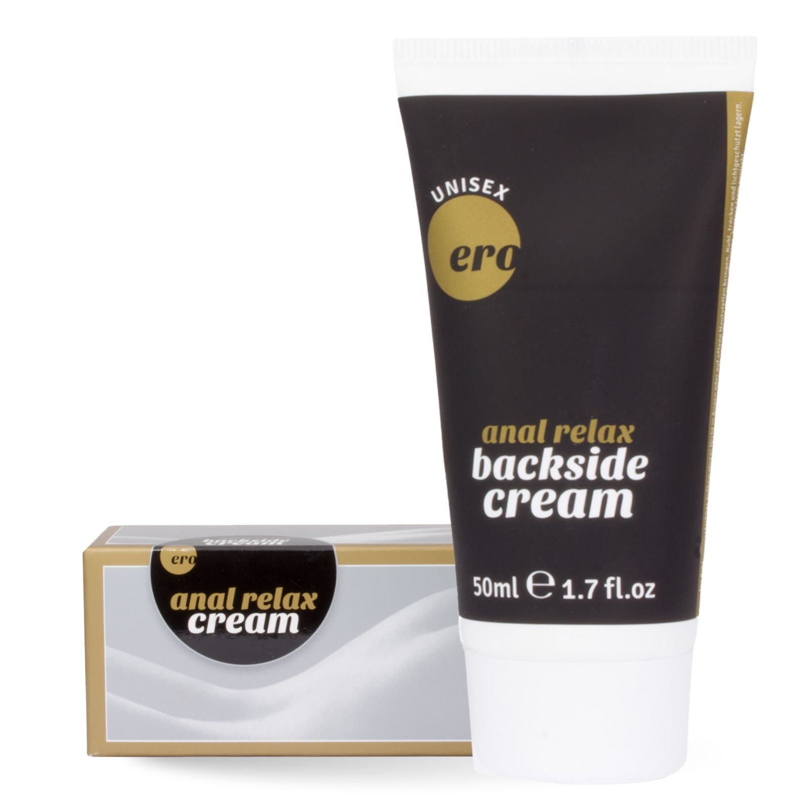 Creme-Tube und Schachtel. Tube: schwarz, weißer Aufdruck. Schachtel: weiß, goldfarben. Aufschrift: Ero, Anal Relax Backside Cream.