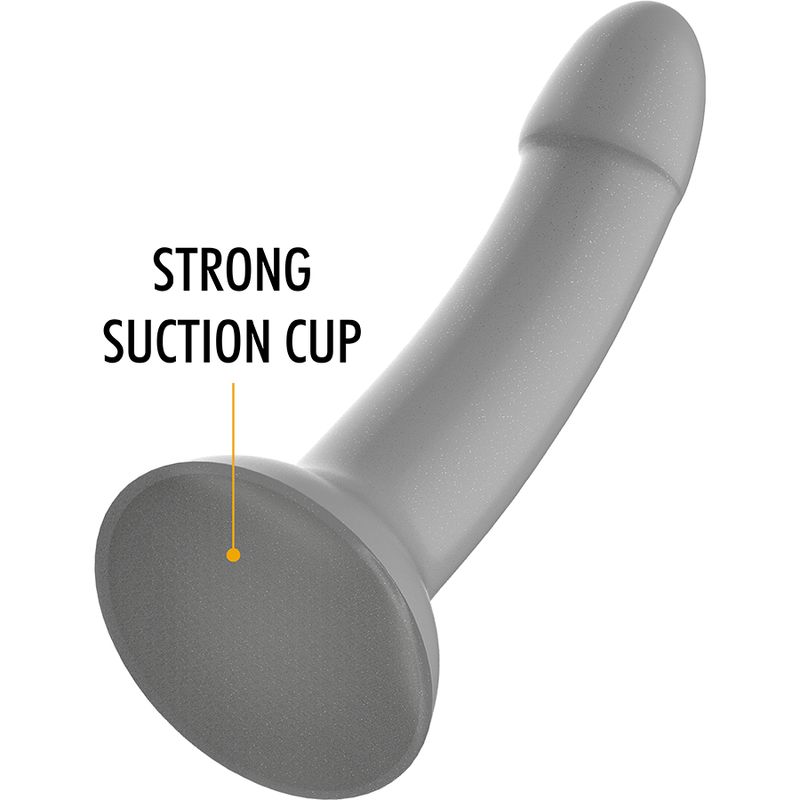 Grauer Dildo mit Saugnapf. Aufschrift: STRONG SUCTION CUP.