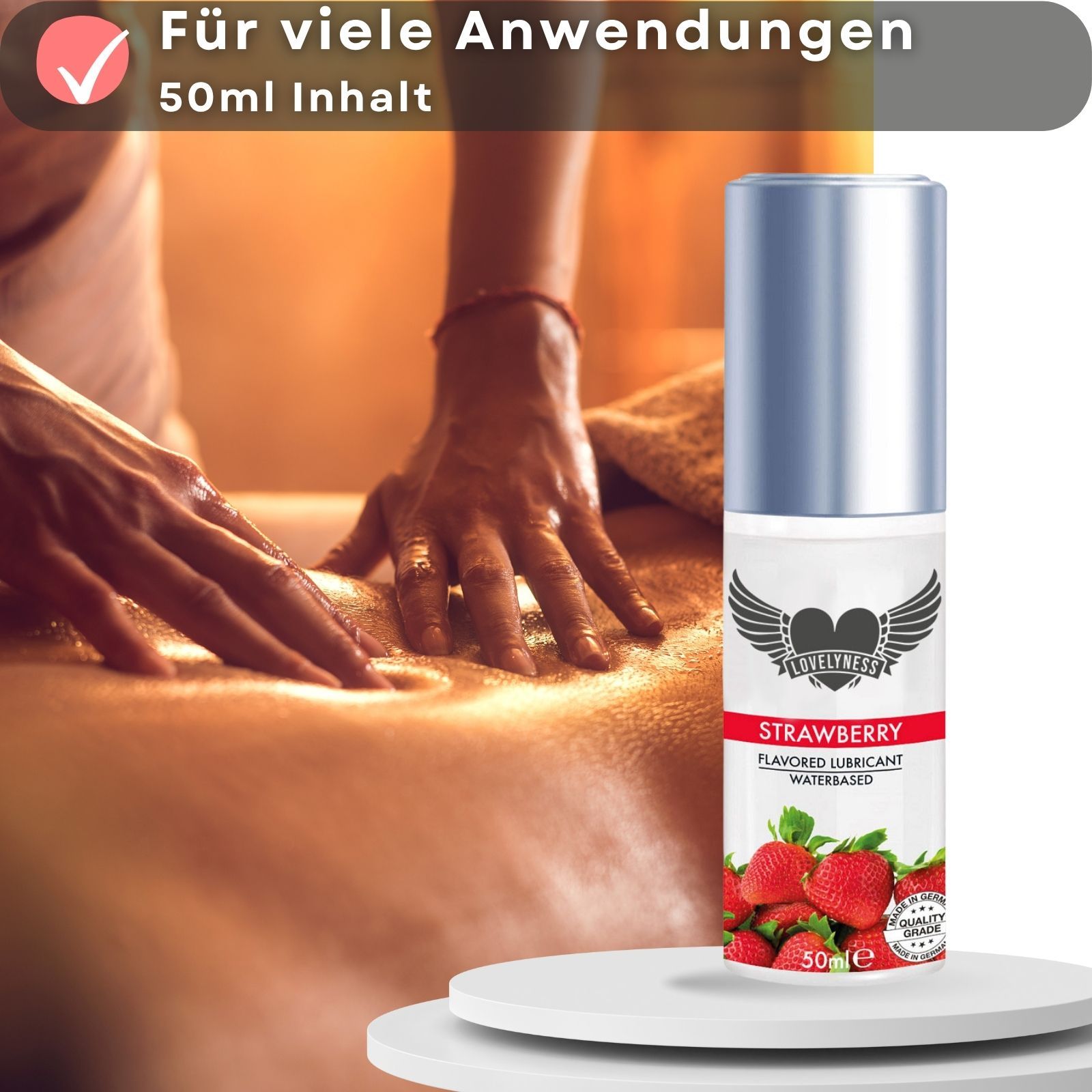 Gleitgel-Flasche mit Erdbeeren und Text. Text: Strawberry, Flavored Lubricant, Waterbased.
