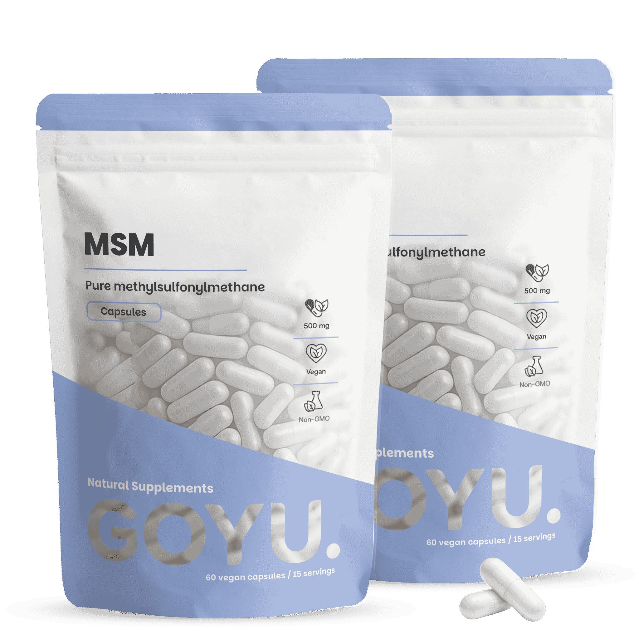 Zwei Packungen GOYU MSM Kapseln: 60 vegane Kapseln pro Packung mit 500 mg reinem Methylsulfonylmethan. Vegan und Non-GMO.