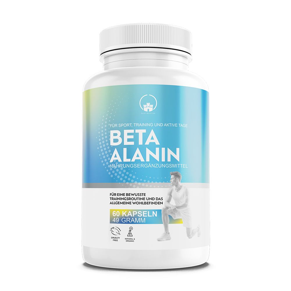 Weiße Flasche mit blauem Etikett. Text: Beta Alanin, Nahrungsergänzungsmittel. 60 Kapseln, 49 Gramm. Für Sport, Training und aktive Tage.