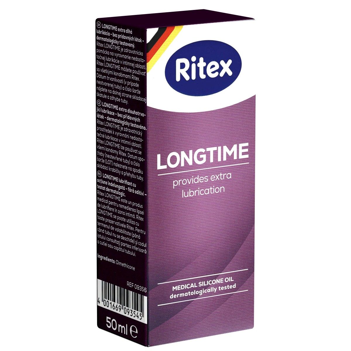 Ritex Longtime-Packung. Lila-weiße Verpackung mit Produktnamen und Logo. Enthält medizinische Silikonöl, dermatologisch getestet.