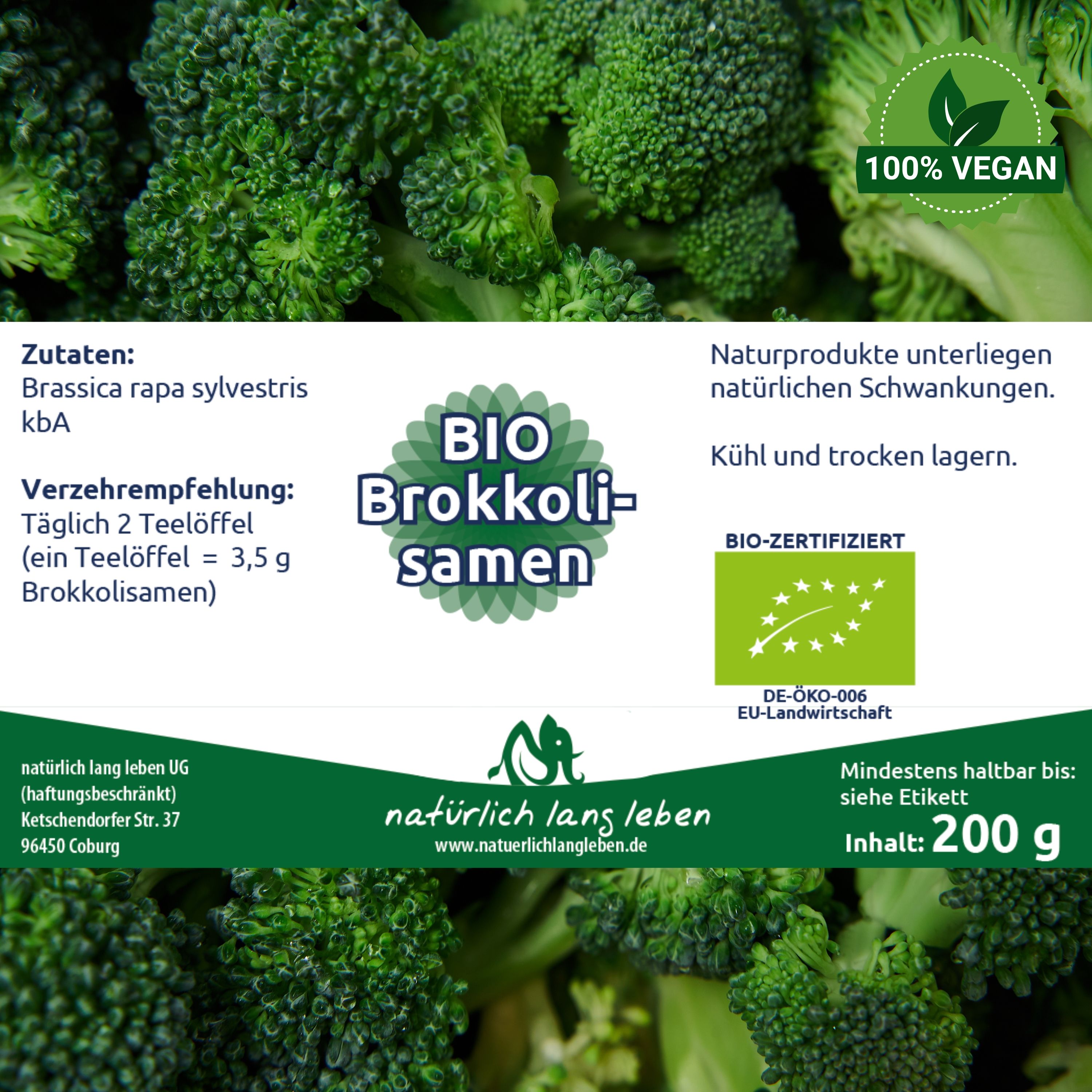Etikett mit BIO Brokkolisamen. Zutaten, Verzehrempfehlung, BIO-Zertifizierung, Haltbarkeit und Inhalt 200 g. 100% Vegan.