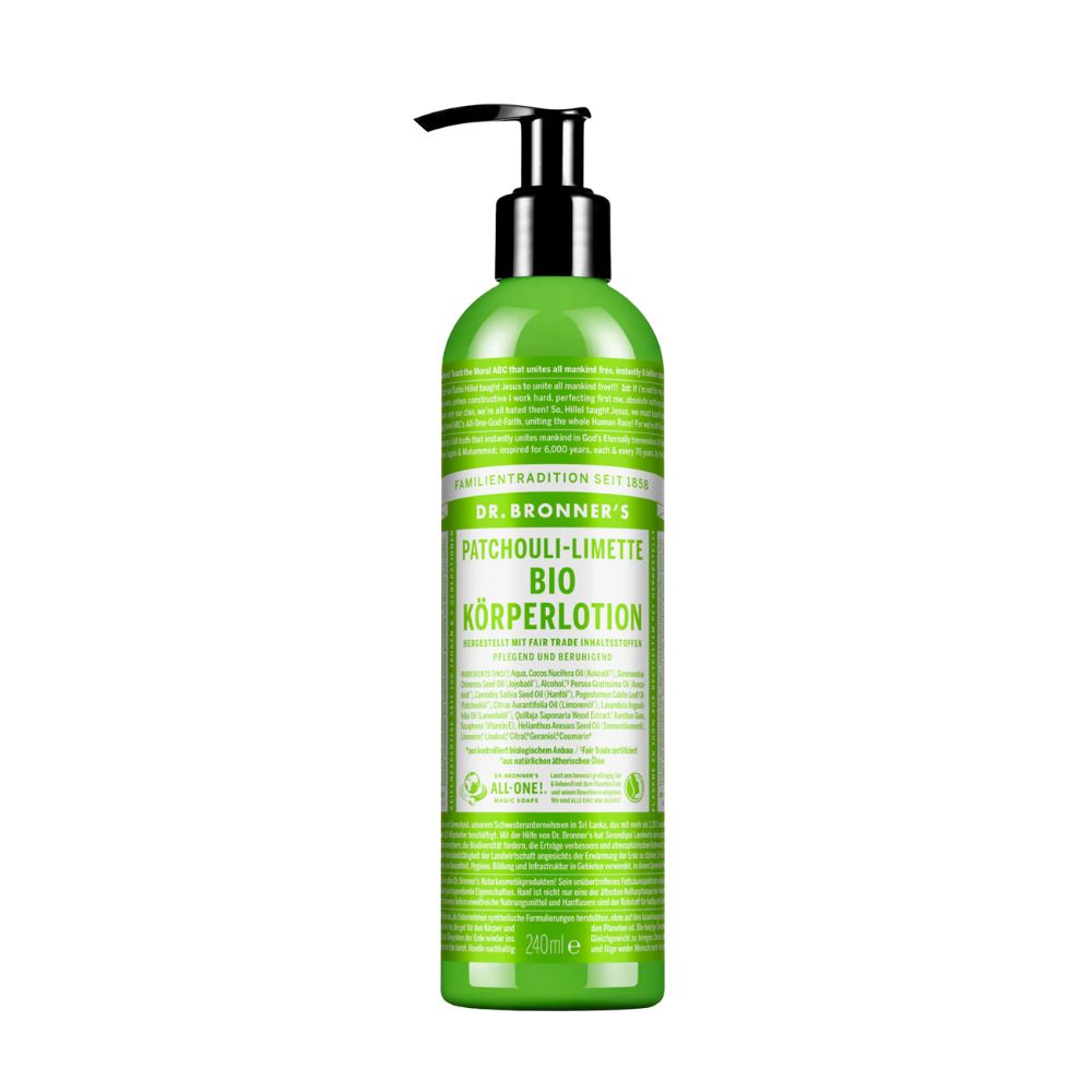 Grüne Flasche mit schwarzem Pumpverschluss. Beschriftung: Dr. Bronner's Bio-Körperlotion Patchouli-Limette.