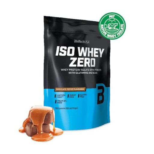 Schwarzer Beutel mit BiotechUSA Iso Whey Zero Chocolate Toffee Geschmack. Mit Native Whey Isolate Siegel und Toffee.