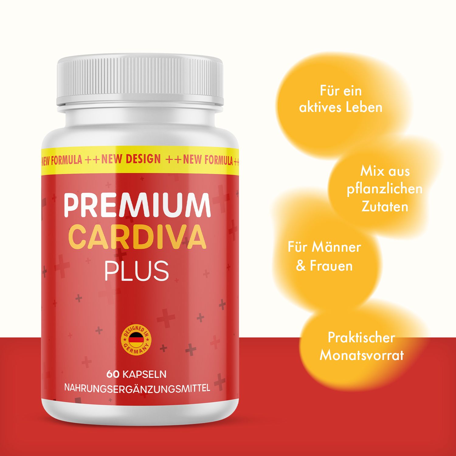 Weiße Flasche mit rotem Etikett. Aufschrift: PREMIUM CARDIVA PLUS, 60 Kapseln. Zusatzinformationen in gelben Kreisen.