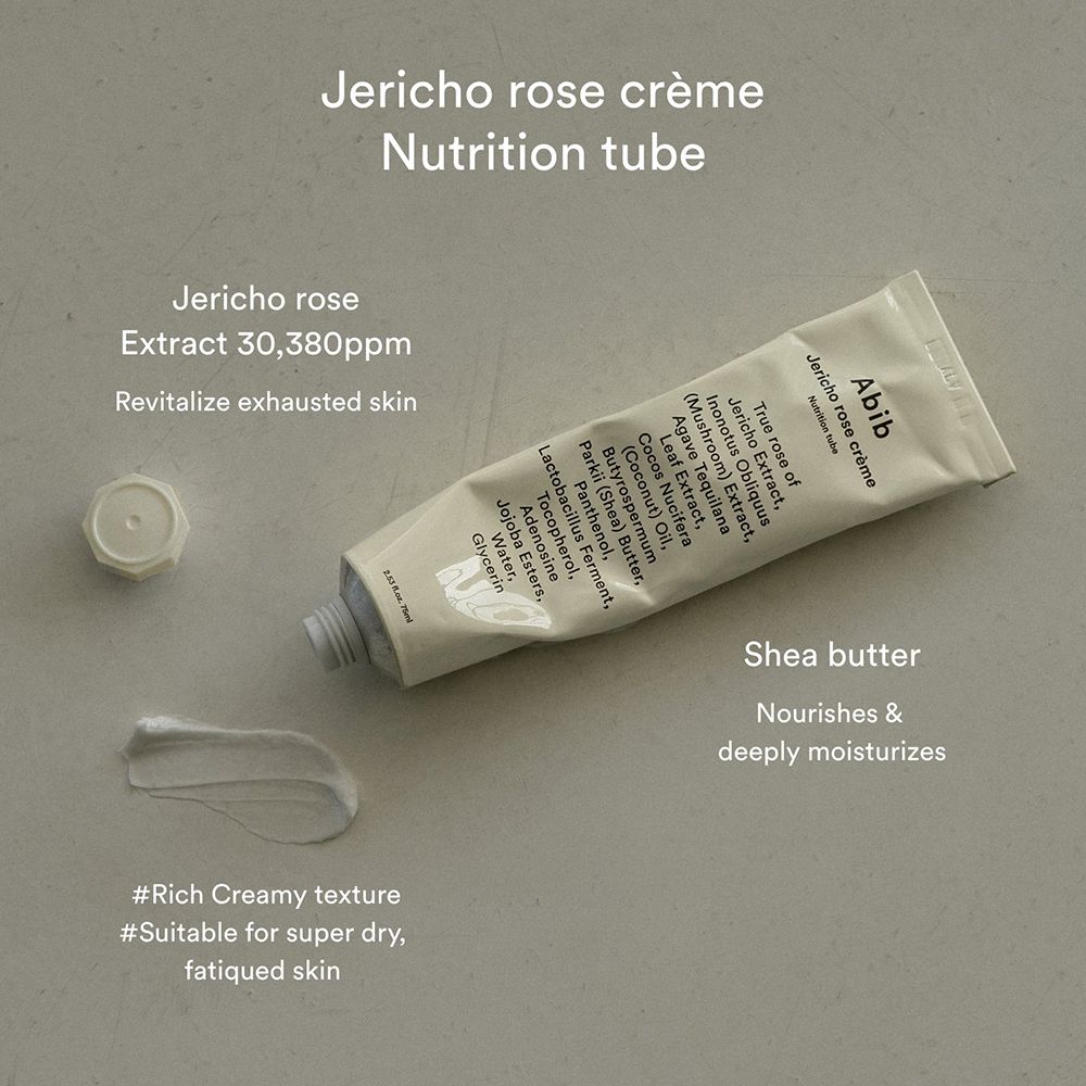Geöffnete Tube mit Creme daneben. Text: Jericho rose Extract, Shea butter. Marke: Abib. Beige Tube, weiße Schrift.