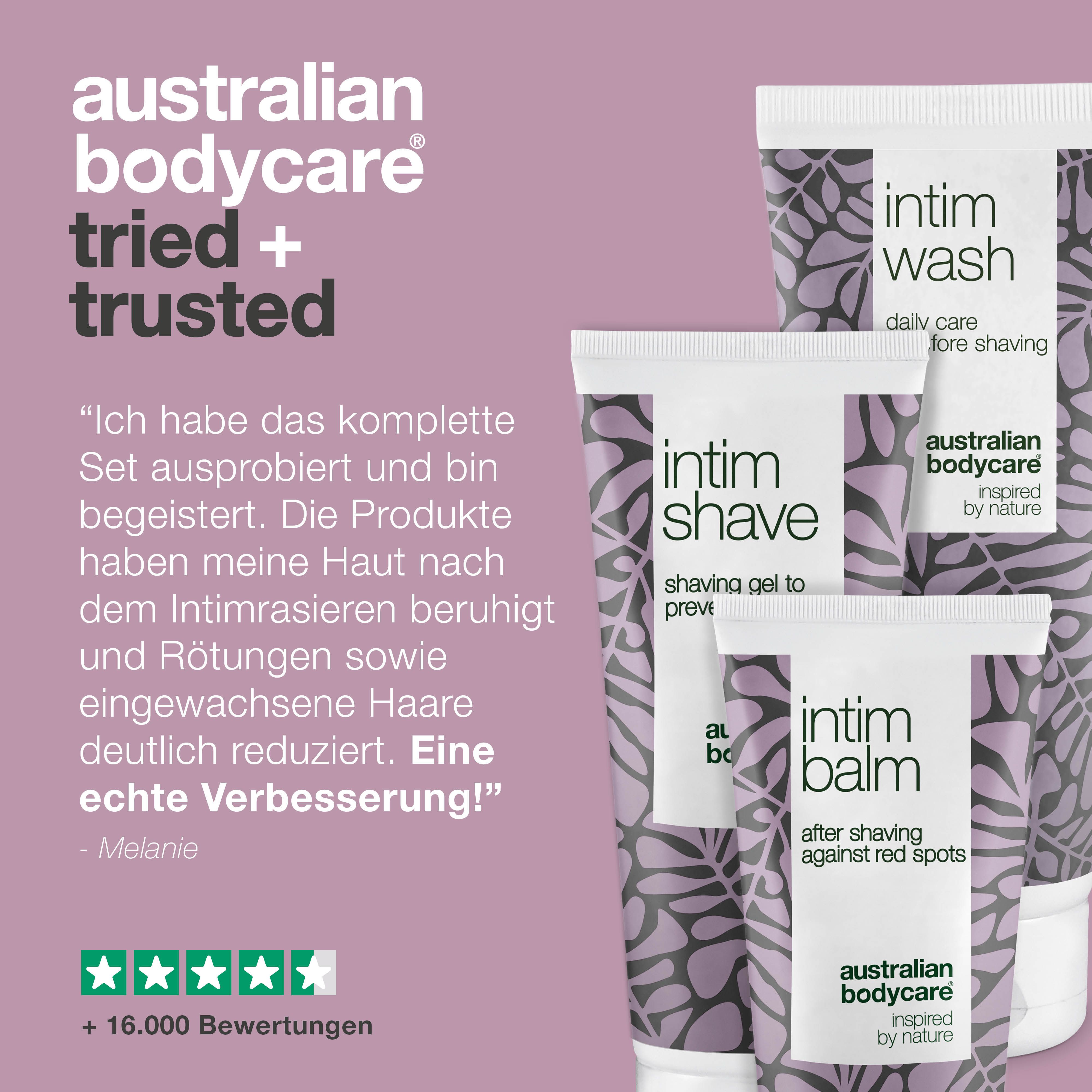 Australian Bodycare Intimrasur-Set: Intim Wash, Intim Balm, Intim Shave. Text und Logos.