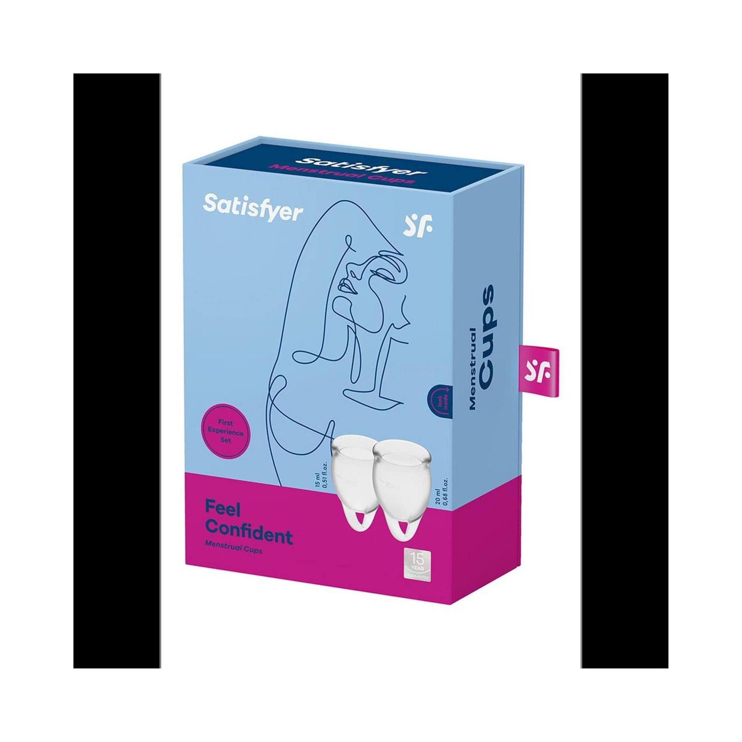 Verpackung mit Produktabbildung. Aufschrift: Satisfyer, Menstrual Cups. Zwei Menstruationstassen abgebildet. Rosa und blaue Farbakzente.