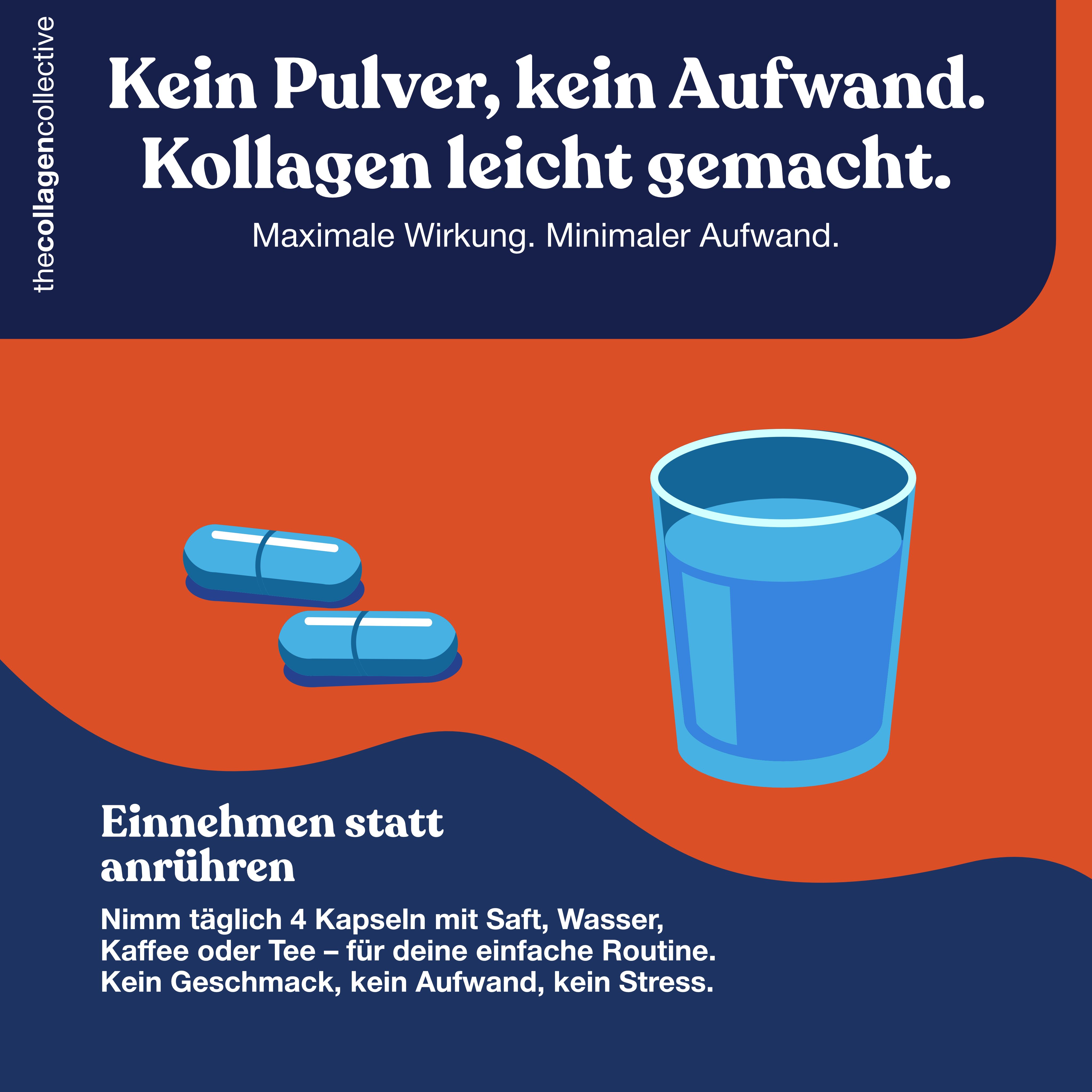 Zwei blaue Kapseln neben einem Glas Wasser. Text: Kein Pulver, kein Aufwand. Kollagen leicht gemacht. Einnahme statt anrühren.