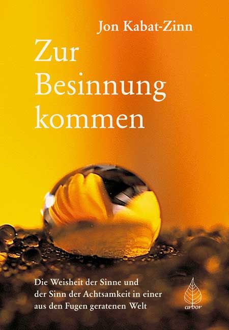Buchcover mit Titel "Zur Besinnung kommen" von Jon Kabat-Zinn. Gelber Hintergrund mit Wassertropfen und Arbor-Logo.