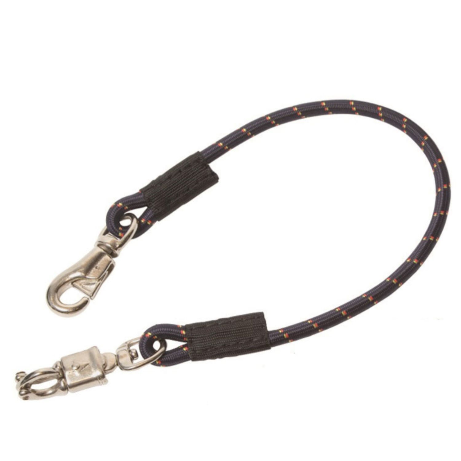 Elastik Anbinder, schwarz mit roten Akzenten. Metallhaken an beiden Enden. Auf weißem Hintergrund.