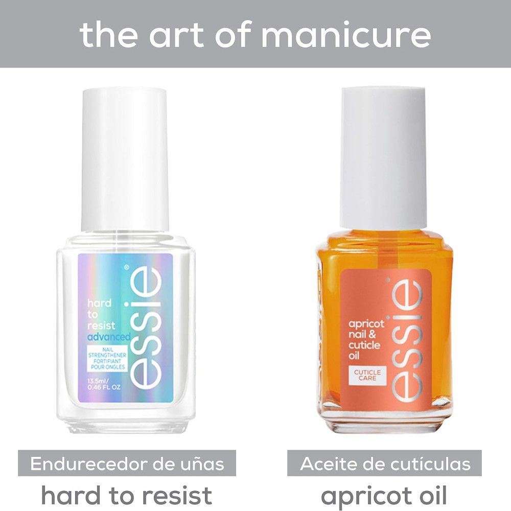 Zwei Essie-Nagelpflegeprodukte. Links: Hard to Resist Nagelhärter. Rechts: Aprikosenöl für Nägel und Nagelhaut.