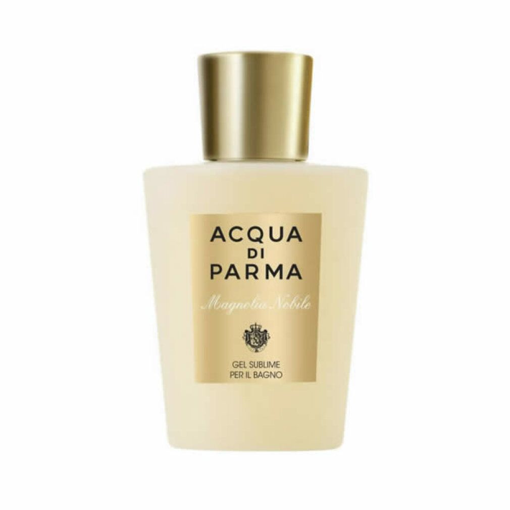 Beige Flasche mit goldfarbenem Verschluss. Aufkleber mit Text: Acqua di Parma, Magnolia Nobile. Gel Sublime Per Il Bagno.
