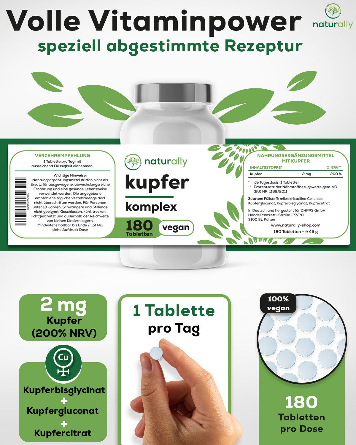 Weiße Flasche "naturally kupfer komplex". 180 Tabletten, vegan. 2 mg Kupfer. Tablette in Hand. Inhaltsstoffe.