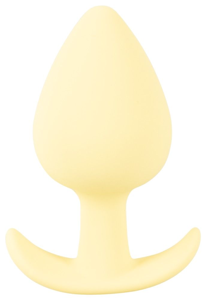Gelber Analplug mit tropfenförmigem Kopf und gebogener Basis. Aus weichem Material.