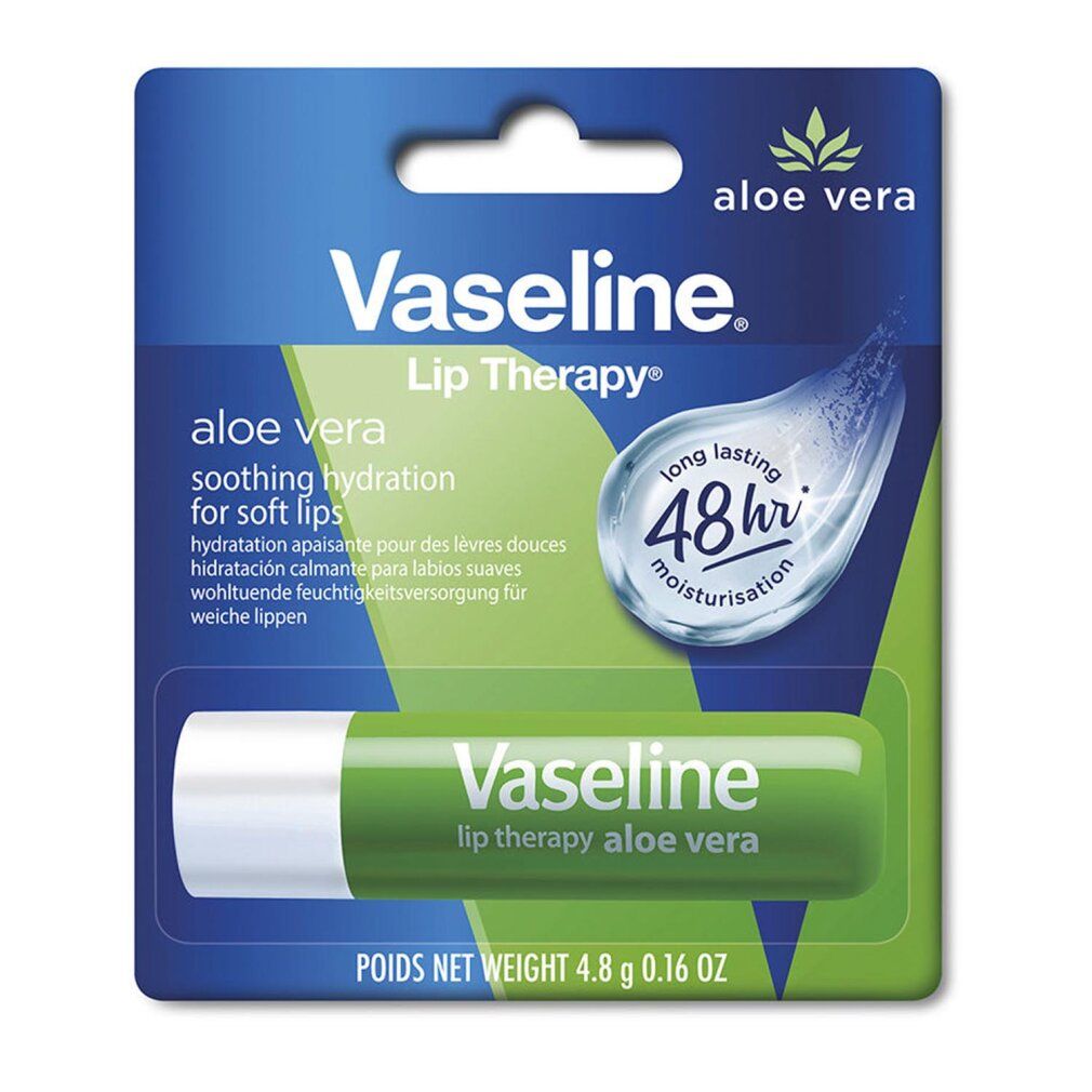 Grüner Lippenpflegestift in Blisterverpackung. Vaseline-Logo, Aloe Vera-Abbildung. Text: Lip Therapy, 48hr Feuchtigkeit.