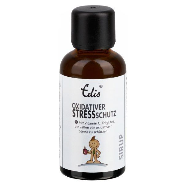 Braune Glasflasche mit schwarzem Deckel. Etikett mit Produktnamen und Logo. Text: Oxidativer Stressschutz, Sirup.