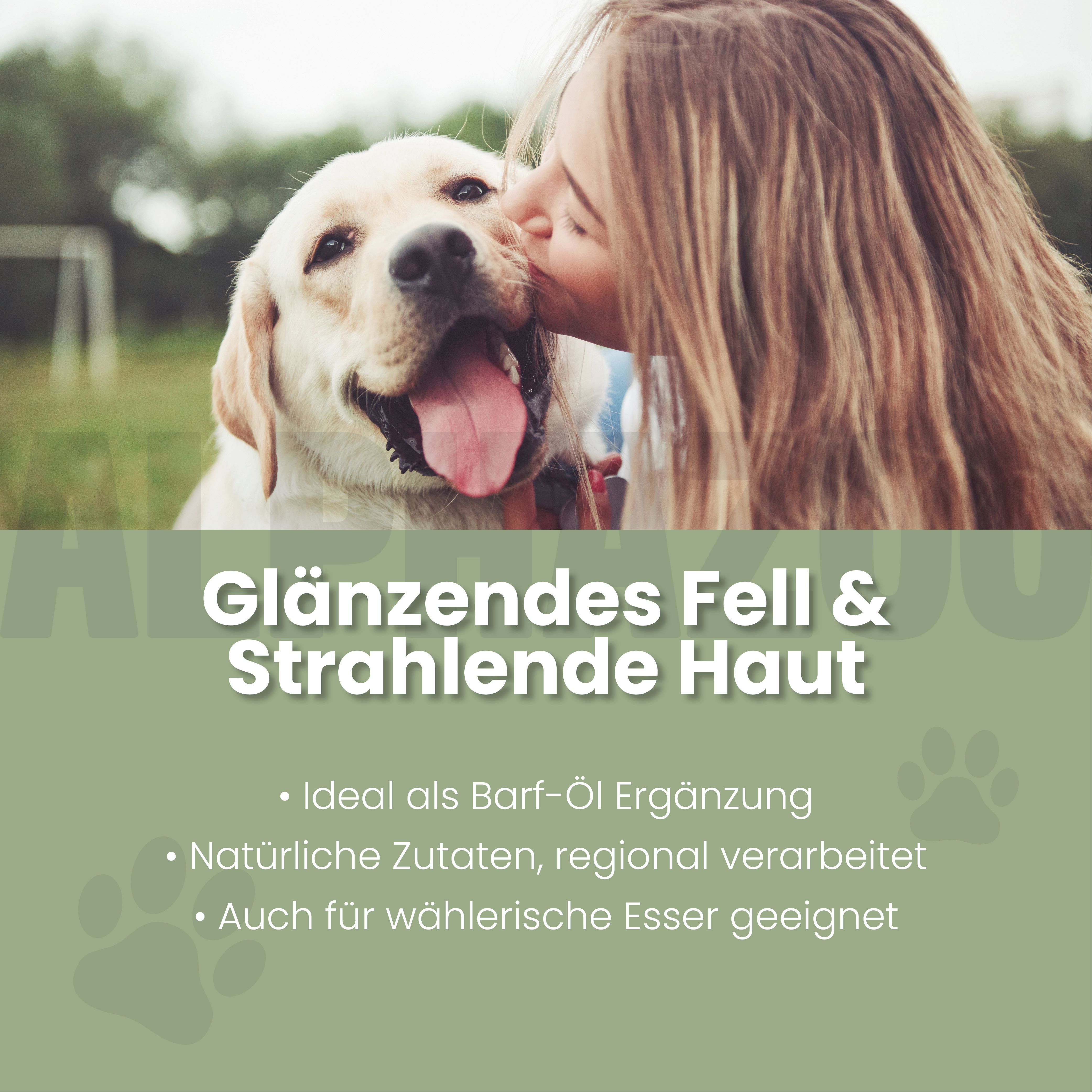 Frau küsst Hund. Text: Glänzendes Fell & Strahlende Haut. Ideal als Barf-Öl Ergänzung. Natürliche Zutaten, regional verarbeitet. Auch für wählerische Esser geeignet.