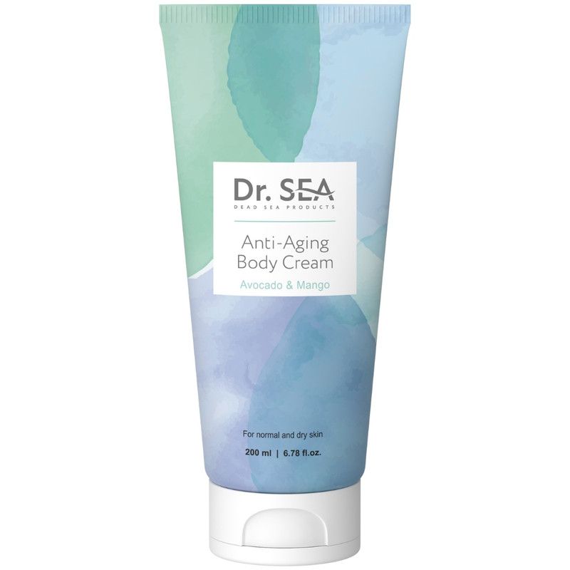 Creme-Tube mit weißem Deckel. Aufschrift: Dr. SEA, Anti-Aging Body Cream, Avocado & Mango. Für normale und trockene Haut.