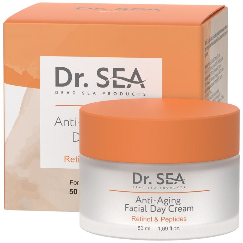 Creme-Tiegel mit Deckel. Auf der Verpackung steht "Dr. SEA" und "Anti-Aging Facial Day Cream".