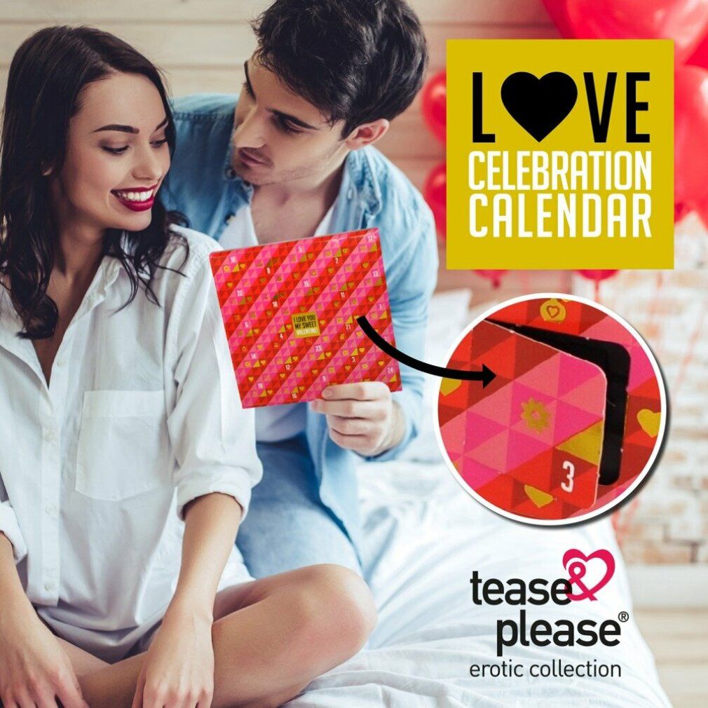 Paar betrachtet Adventskalender. Rotes und rosa geometrisches Muster. Text: LOVE CELEBRATION CALENDAR. Marke: tease & please erotic collection.