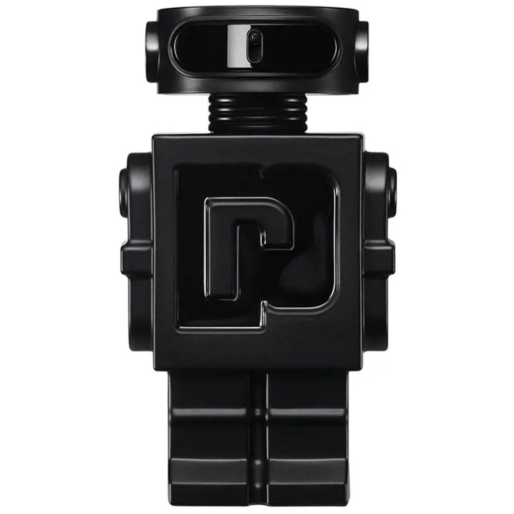 Schwarzer Flakon in Roboterform. Das Logo "P" ist auf der Brust zu sehen. Der Flakon hat einen schwarzen Deckel.