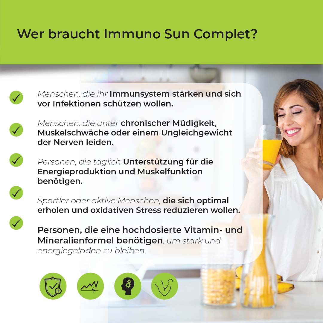 Frau trinkt Saft neben Liste, wer Biostile Immuno Sun Komplett benötigt.