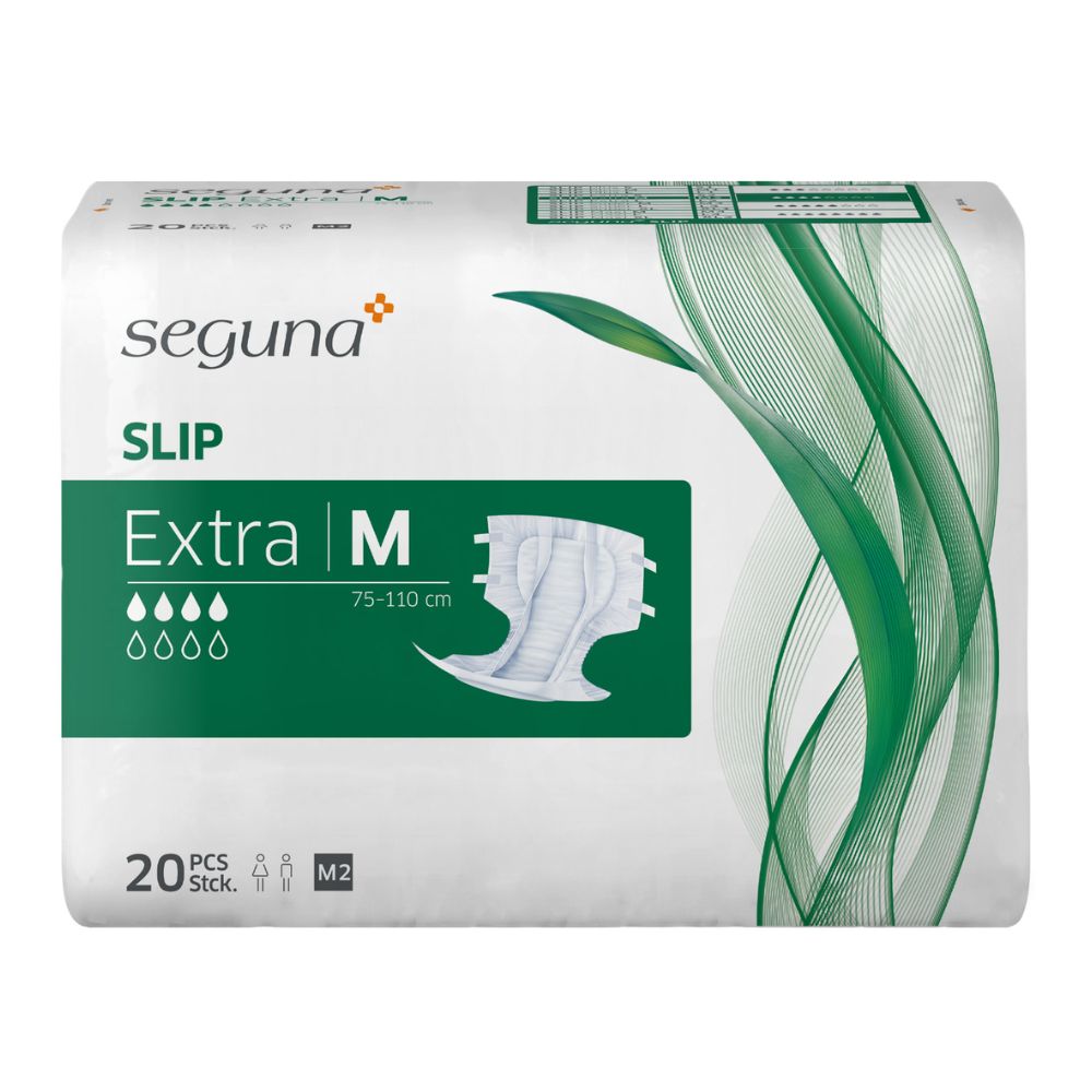 Verpackung von SEGUNA Slip Extra M. Weiße Windel mit grünen Akzenten. Zeigt eine Windel und Tropfensymbole. 20 Stück.