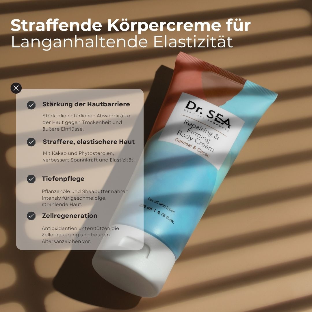 Tube "Dr. SEA" mit Text. Text: Stärkung der Hautbarriere, straffere Haut, Tiefenpflege, Zellregeneration.