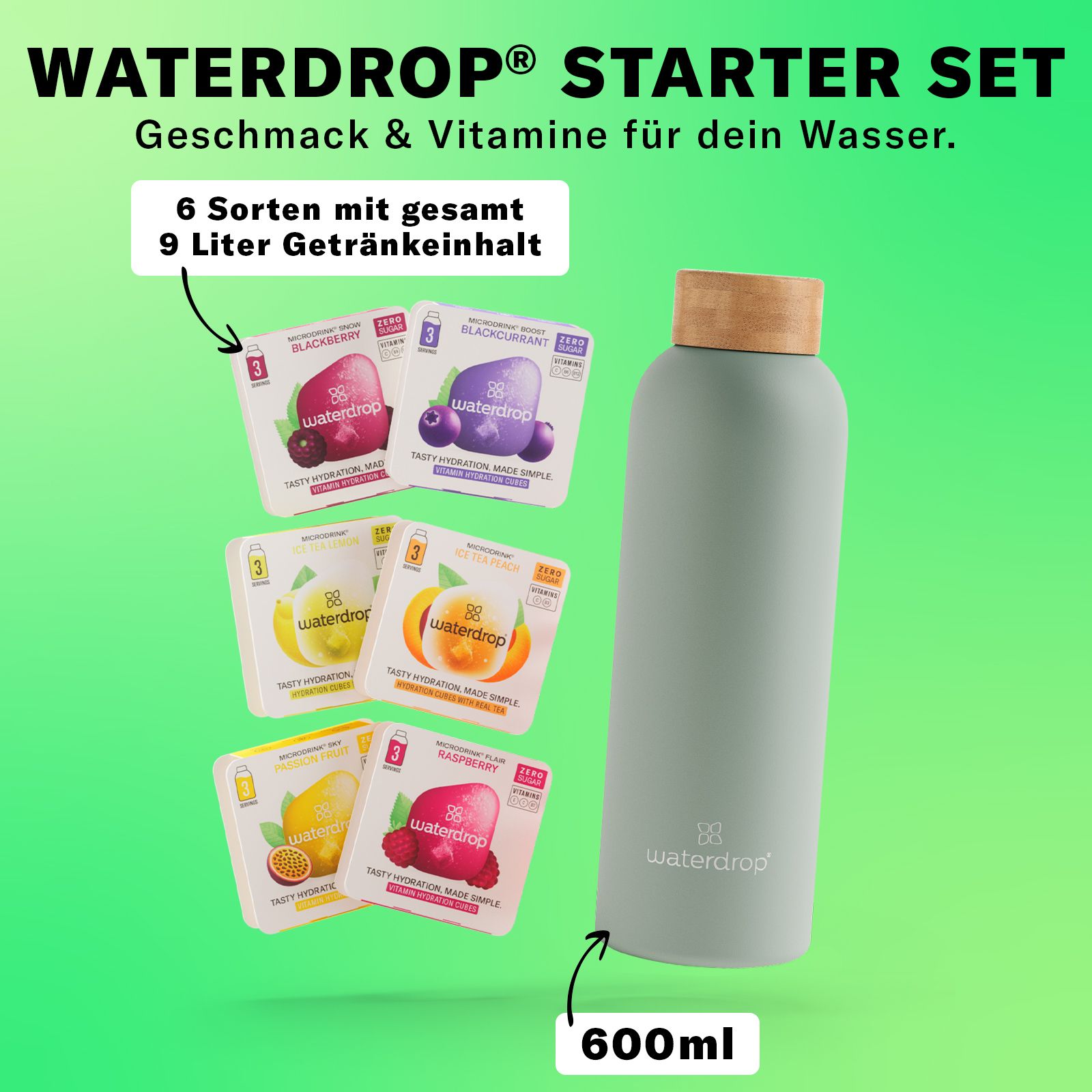 Wasserdrop Starter Set mit Flasche (600ml) und 6 Geschmacksrichtungen. 6 Sorten mit 9 Liter Getränkeinhalt.