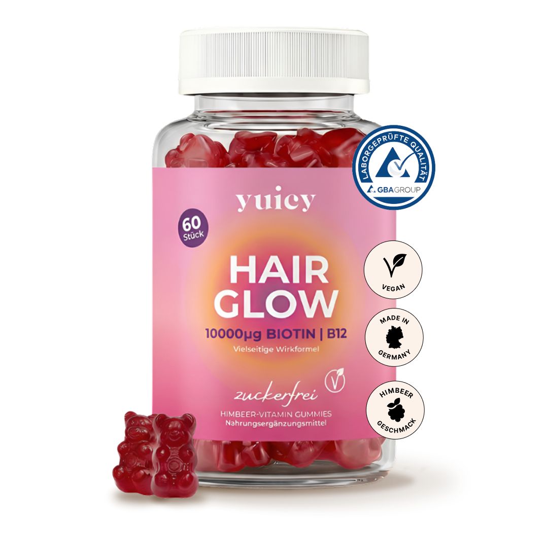 Glas mit yuicy® Hair Glow Gummibärchen. 60 Stück, zuckerfrei, Himbeergeschmack. GBA-zertifiziert.