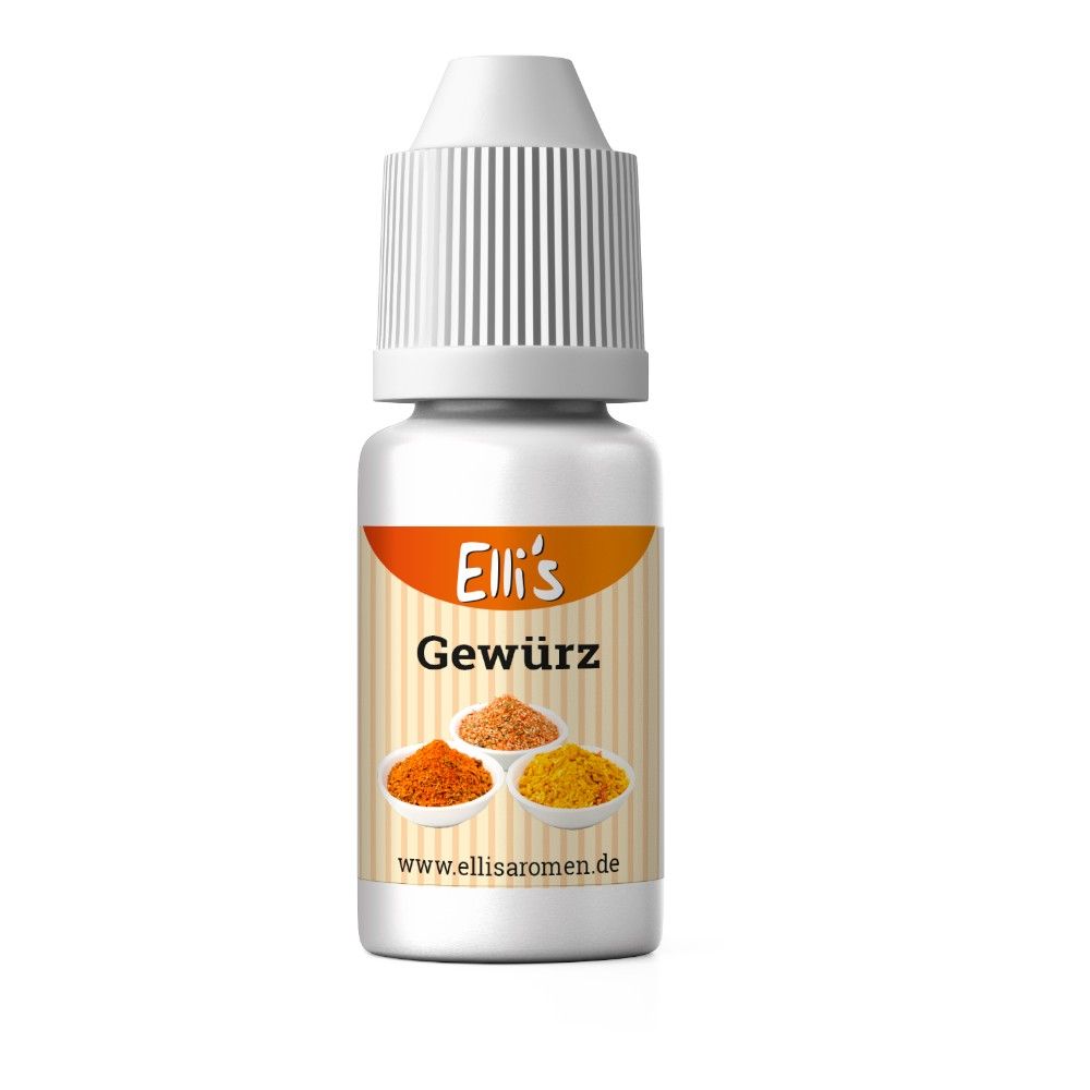 Weiße Flasche mit weißem Verschluss. Etikett mit Produktname "Gewürz" und drei Schalen mit Gewürzen. Marke: Elli's.