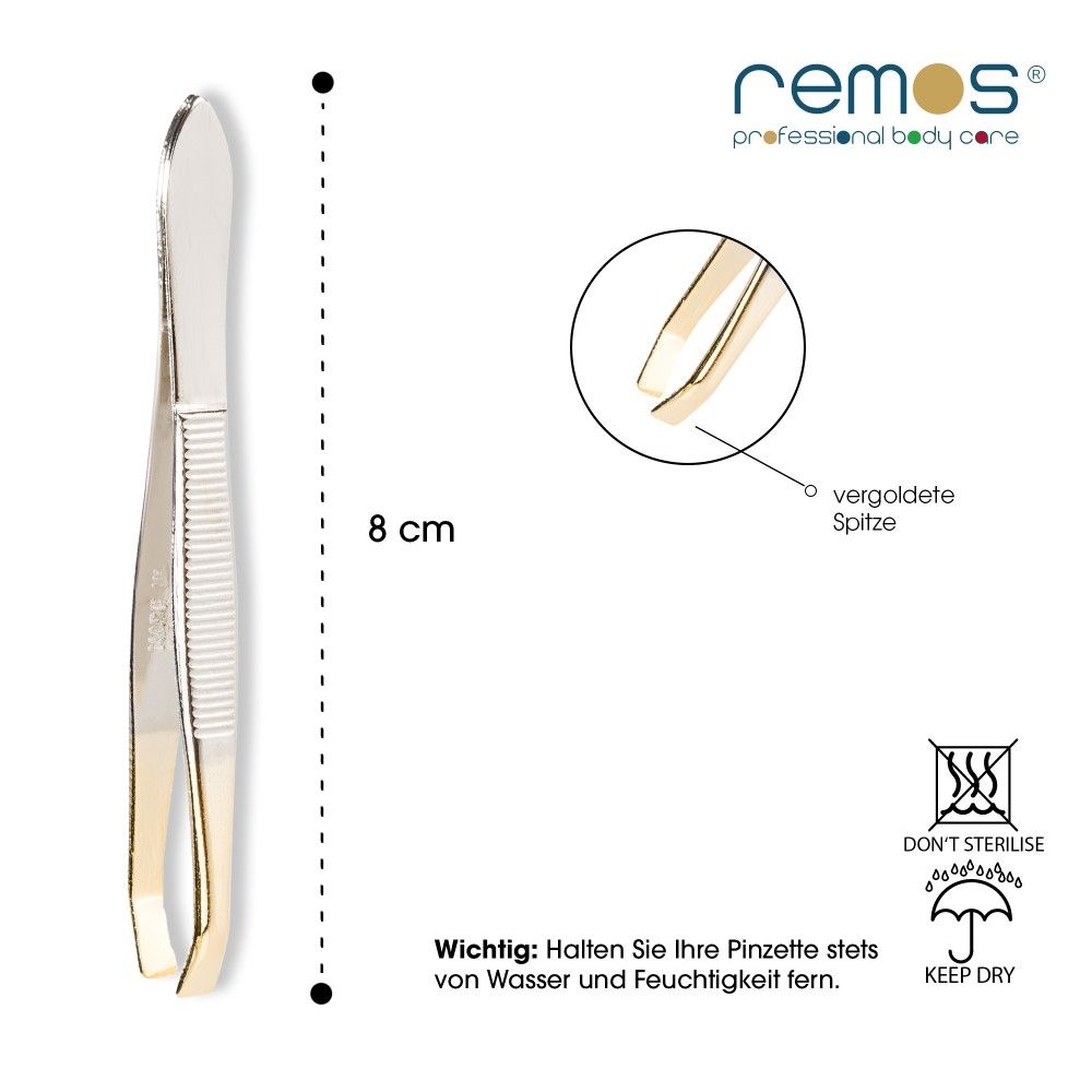 REMOS Pinzette, 8 cm, mit vergoldeter Spitze und Griff.