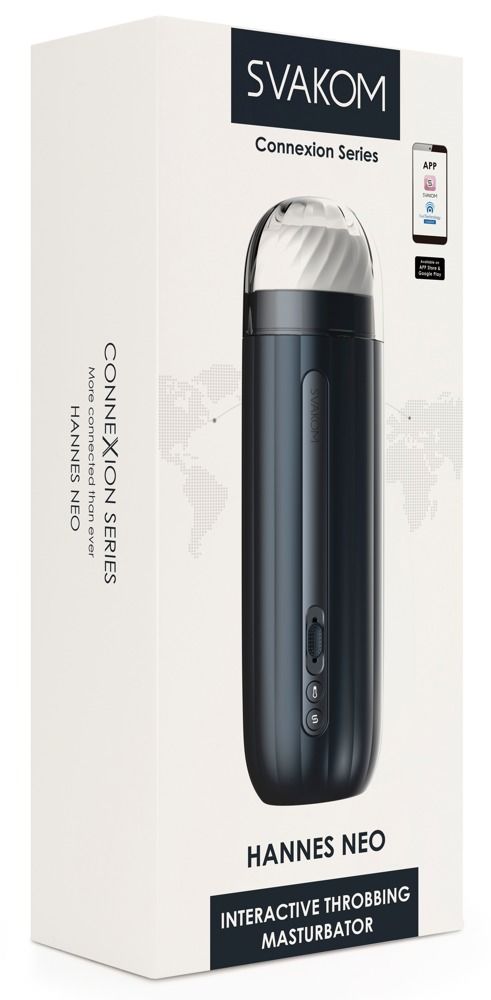 Produkt in Verpackung. Schwarzes, zylindrisches Gerät mit weißem Kopf. SVAKOM-Logo und Produktname sichtbar.